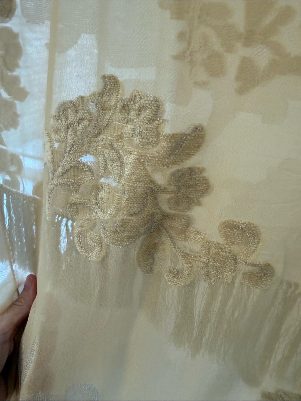 Salvatore Ferragamo Beige and Tan Sheer Logo-Trim Scarf w/ hand tied silk fringe - Picture 3 of 6